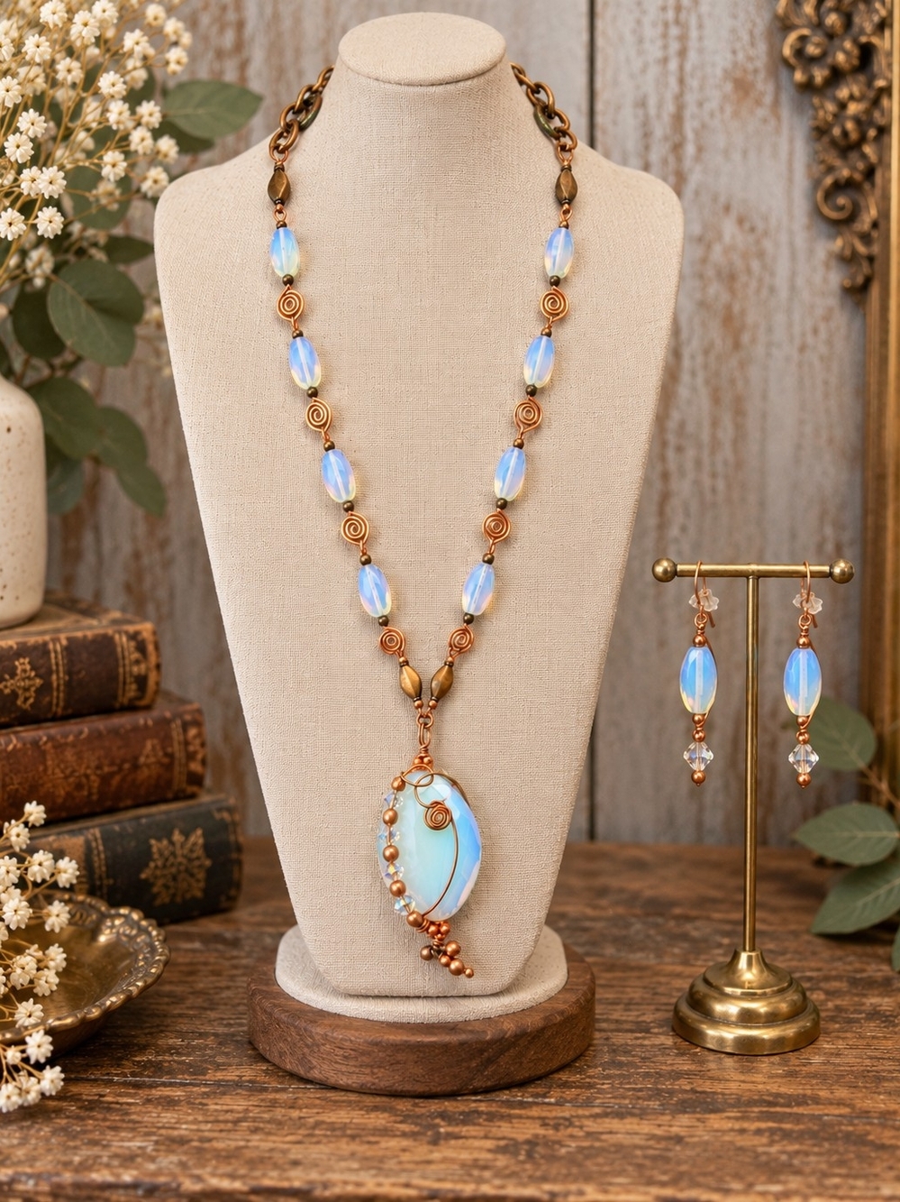 Artisan Copper Opalite Necklace & Earrings Set Wire Wrapped Boho Statement